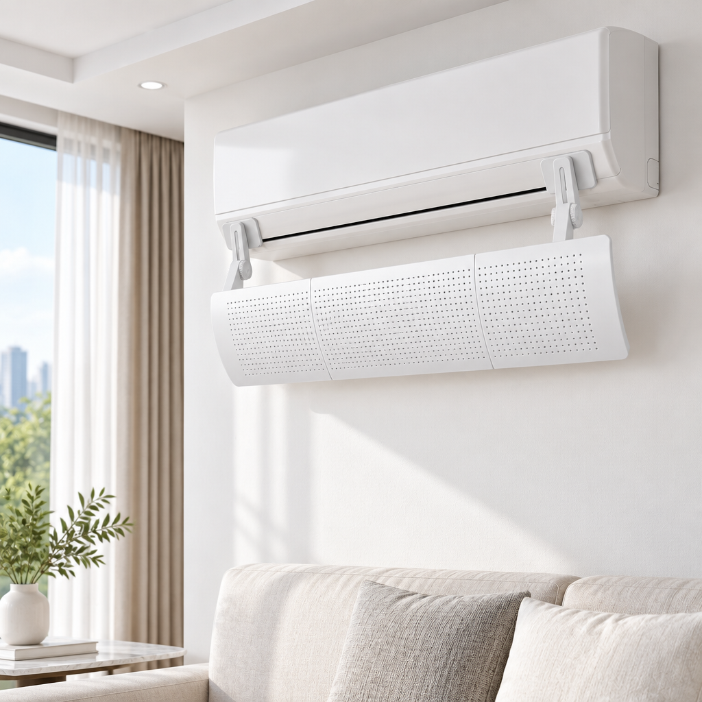 Adjustable AC Air Deflector | Anti-Direct-Blow, Perforated Panel, No-Drill Hook-On, Universal Wall-Mounted AC Fit