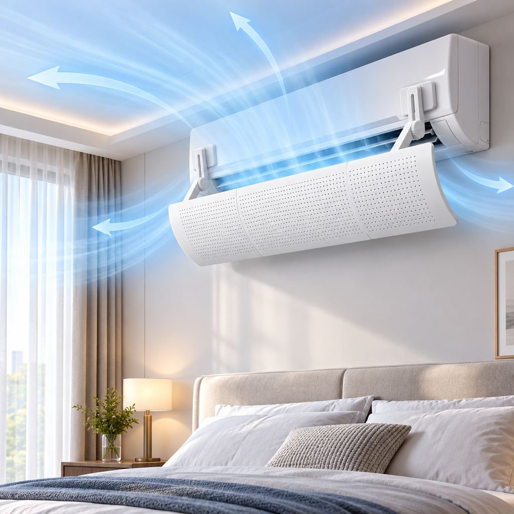 Adjustable AC Air Deflector | Anti-Direct-Blow, Perforated Panel, No-Drill Hook-On, Universal Wall-Mounted AC Fit