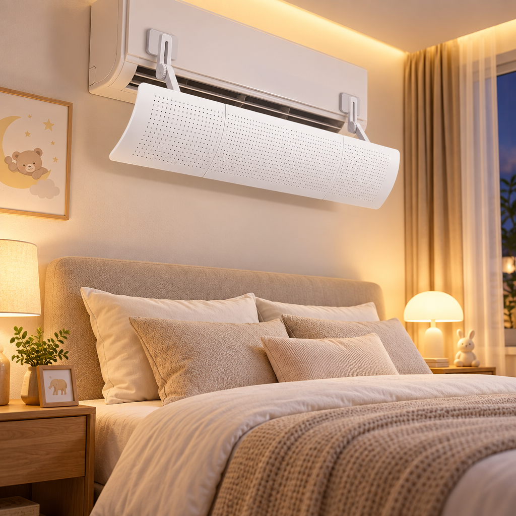 Adjustable AC Air Deflector | Anti-Direct-Blow, Perforated Panel, No-Drill Hook-On, Universal Wall-Mounted AC Fit
