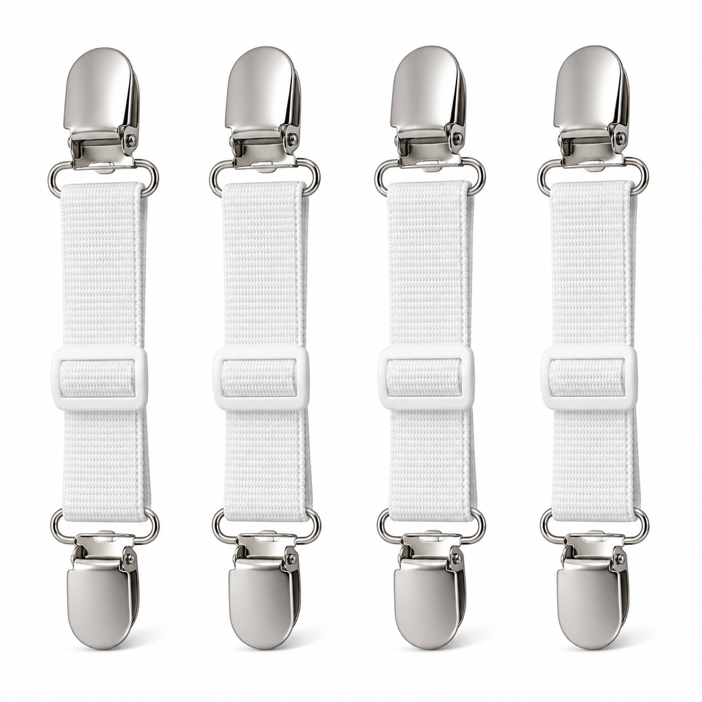 Heavy-Duty Bed Sheet Holder Straps | 4-Pack, Metal Duck-Bill Clasps, Adjustable Elastic, Fabric-Safe Silicone Pads