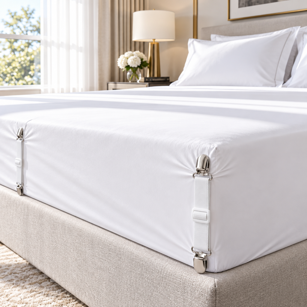 Heavy-Duty Bed Sheet Holder Straps | 4-Pack, Metal Duck-Bill Clasps, Adjustable Elastic, Fabric-Safe Silicone Pads